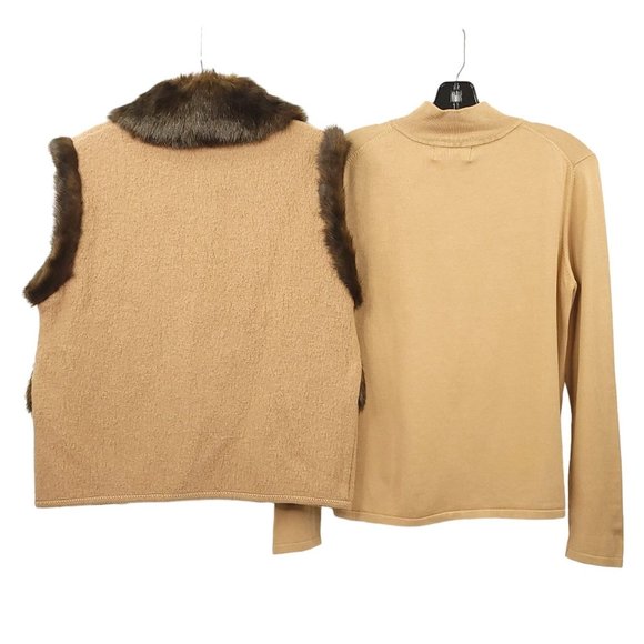 Lisa International Wool Vest Mock Neck Knit Top Set M Faux Fur Trim Brown Tan - Picture 2 of 16
